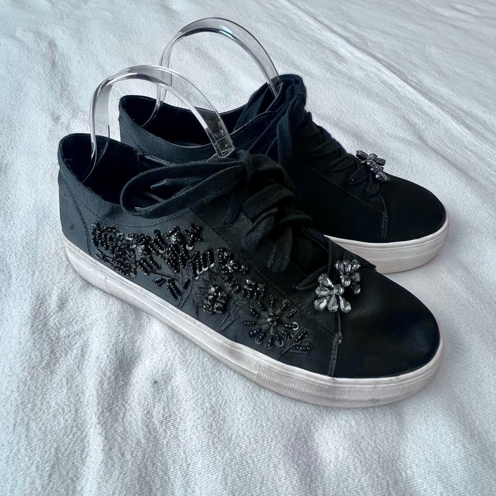 ZARA Black Satin Beaded Embellished Sneakers Trainers Lace Up Shoe Women’s 39‎ - Picture 3 of 15